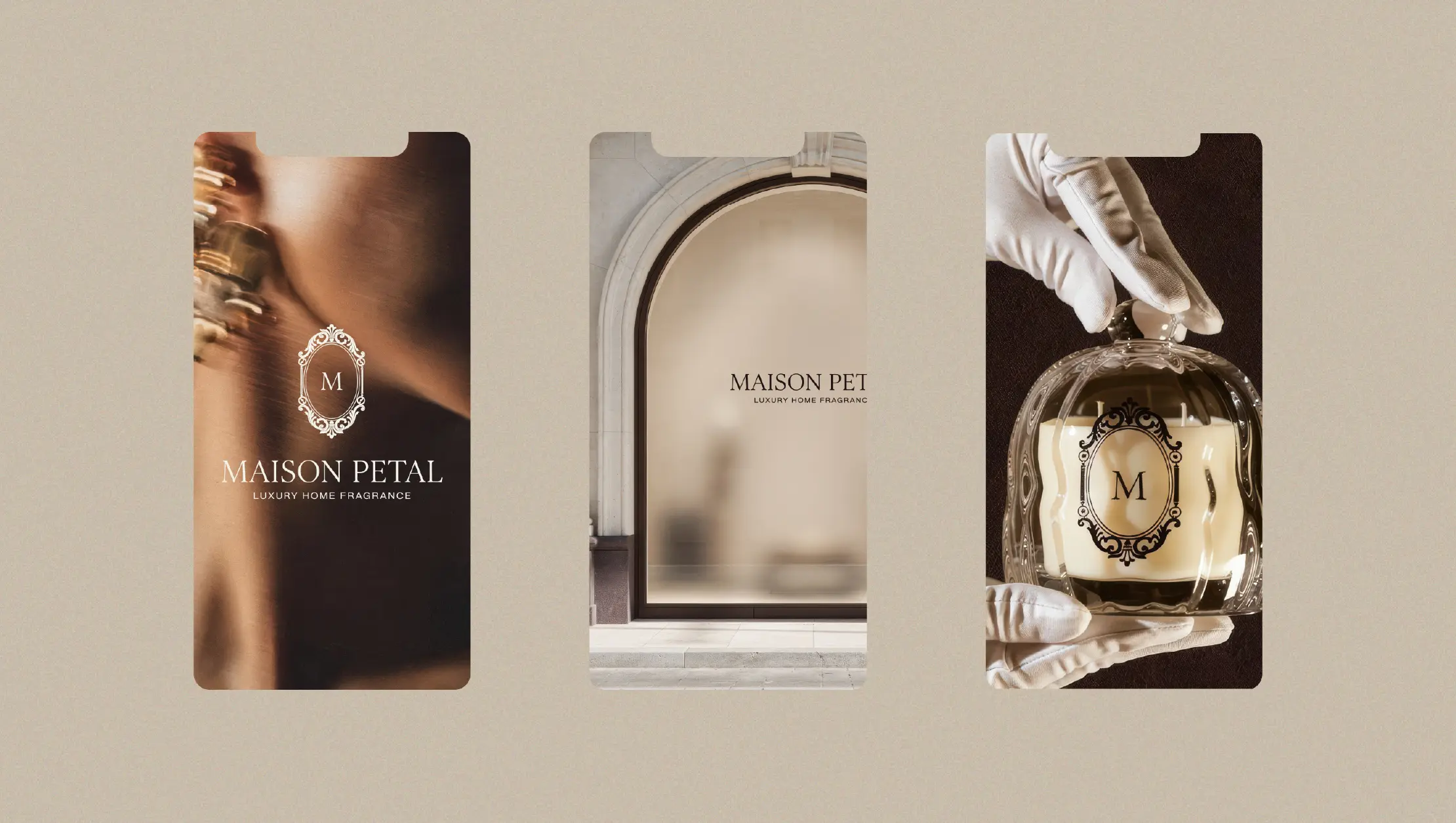 Social media design for Maison Petal luxury fragrance brand showing logo and product across branded templates