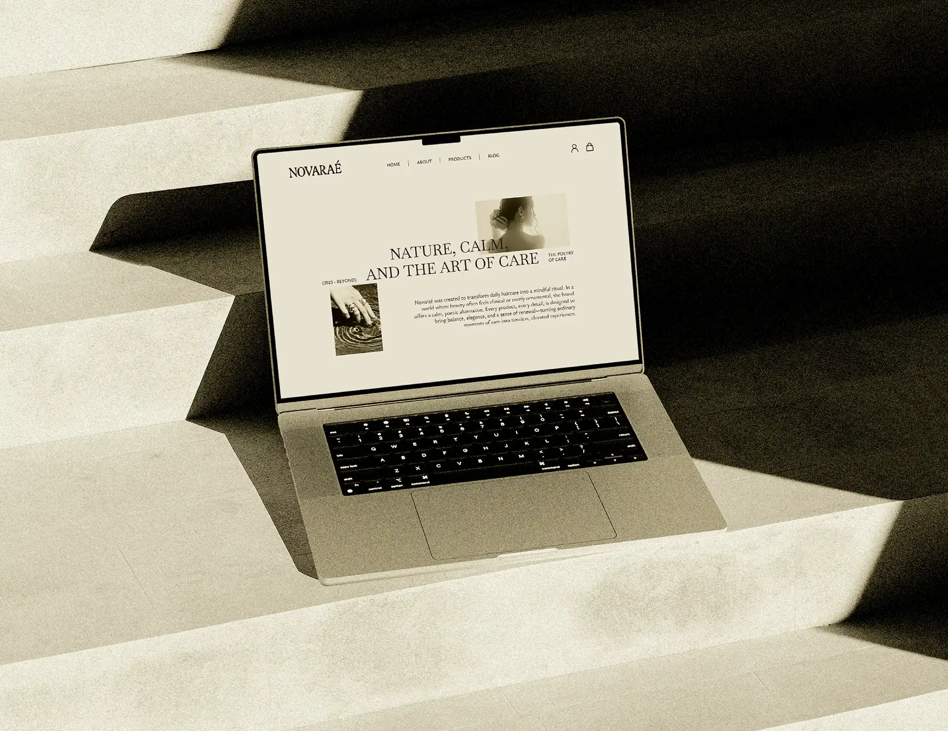 Novarae haircare brand website design displayed on laptop showing editorial layout and brand identity