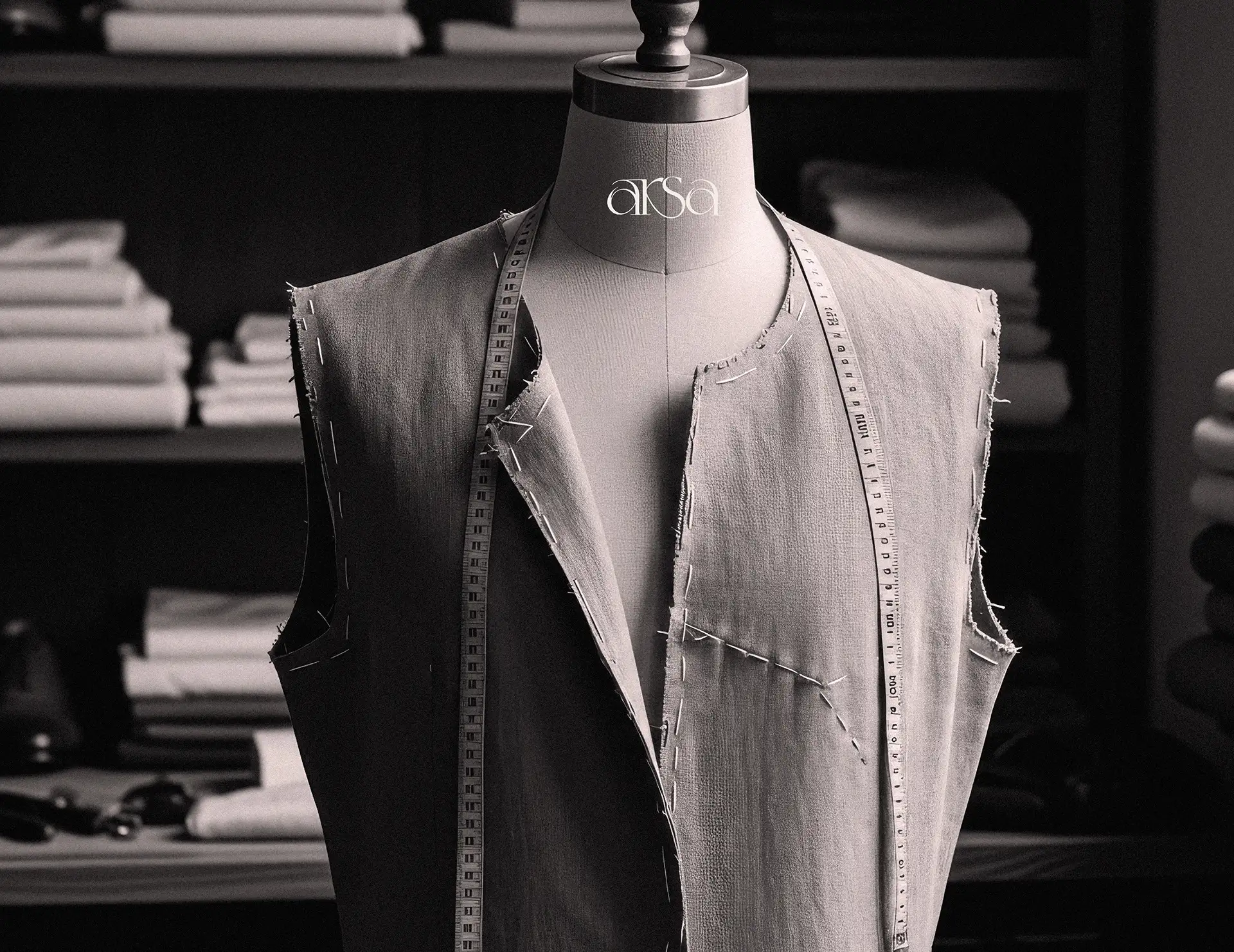 Brand identity applied to Arsa premium clothing label showing logo on tailor's mannequin