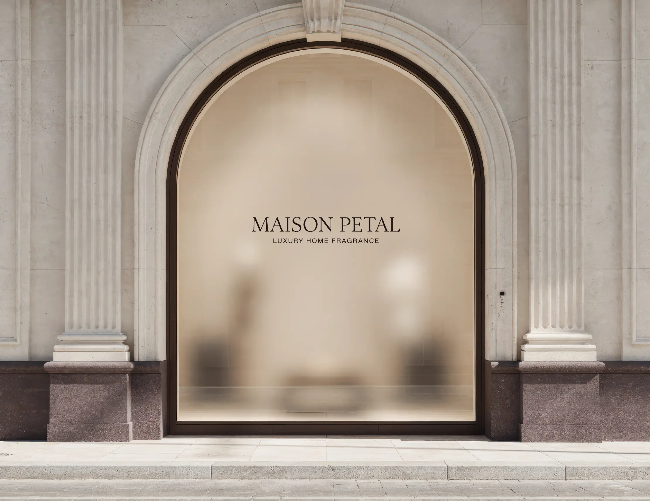 Brand identity applied to retail storefront signage for Maison Petal luxury candle brand